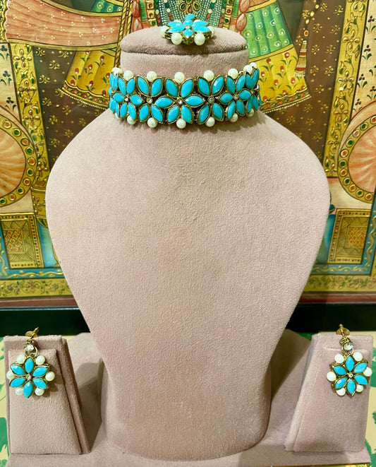 TURQUOISE PEARL CHOKER NECKLACE SET