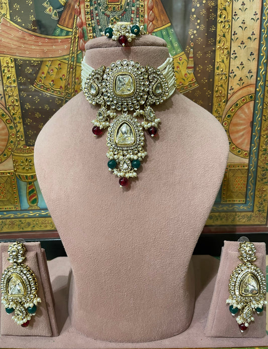 MAROON & GREEN KUNDAN PEARL CHOKER NECKLACE SET