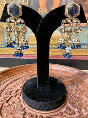 DARK BLUE MONALISA STONE KUNDAN MOISSANITE HERITAGE JHUMKI EARRINGS