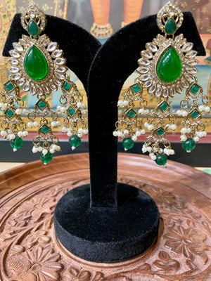 GREEN MONALISA STONE KUNDAN MOISSANITE DANGLER EARRINGS