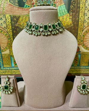 GREEN KUNDAN MOISSANITE MONALISA NECKLACE SET