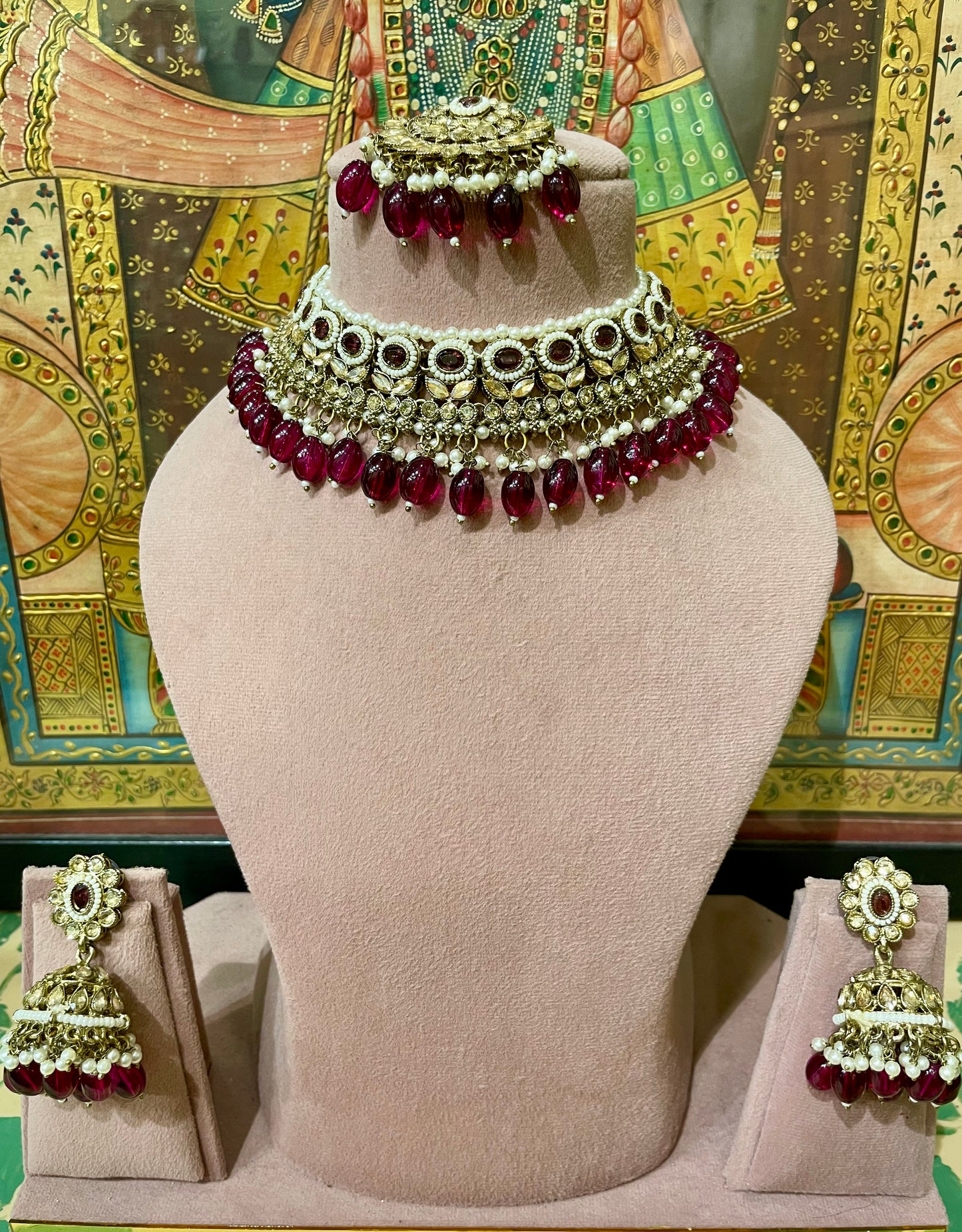 BURGUNDY GOLD TONED CHOKER NECKLACE SET