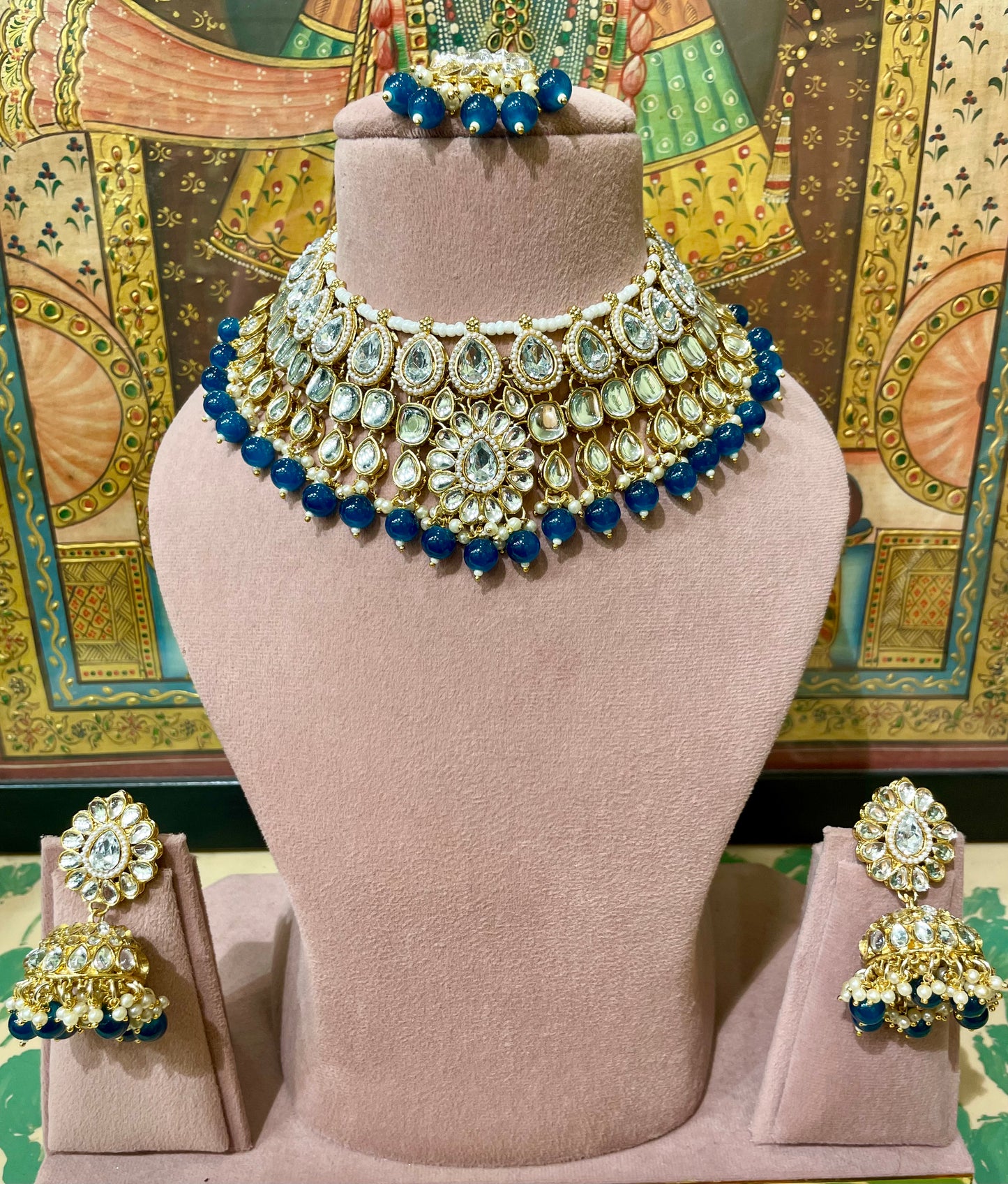 POLKI KUNDAN TEAL BLUE SEMI BRIDAL NECKLACE SET