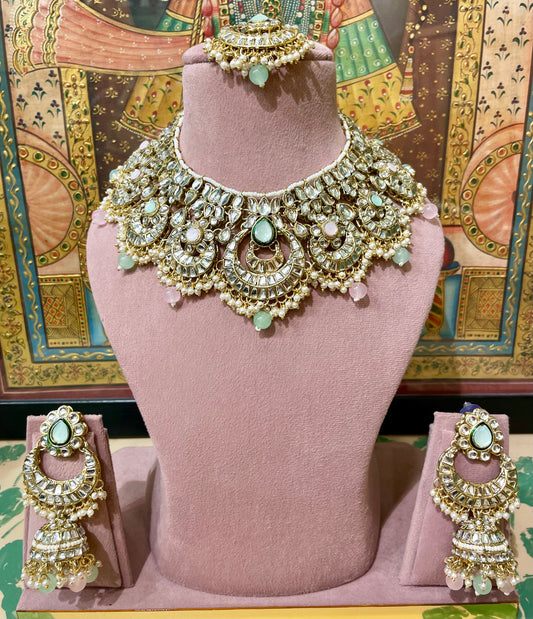 KUNDAN MINT GREEN & PINK SEMI BRIDAL NECKLACE SET