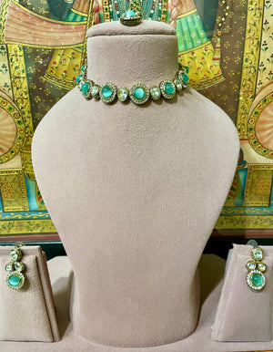 MINT GREEN KUNDAN MOISSANITE MONALISA SLEEK NECKLACE SET