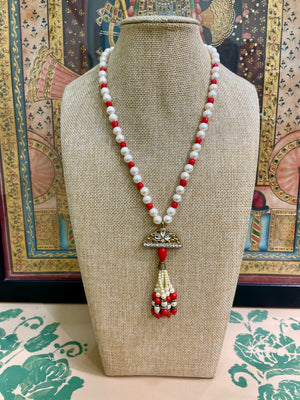 SCARLET TASSEL PEARL CORAL DESIGNER NECKLACE
