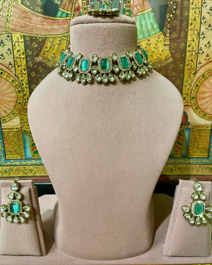 MINT GREEN KUNDAN MOISSANITE MONALISA NECKLACE SET