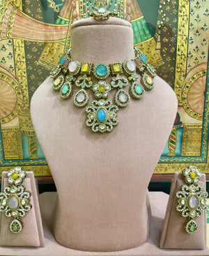 MULTICOLOUR PASTEL NAVRATNA STYLE KUNDAN NECKLACE SET