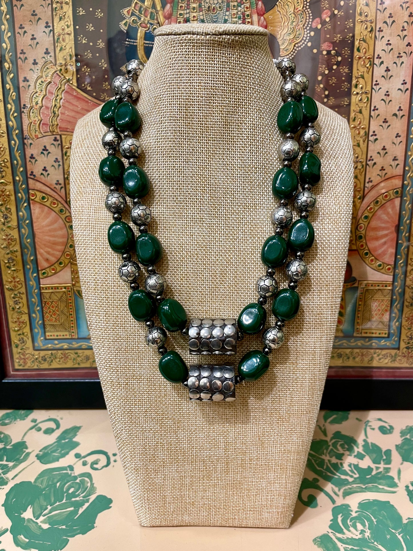 GREEN ONYX WITH OXIDISED SILVER BEADS DOUBLE LAYER NECKLACE