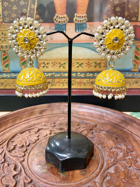 TRADITIONAL POLKI JHUMKI EARRINGS (YELLOW)