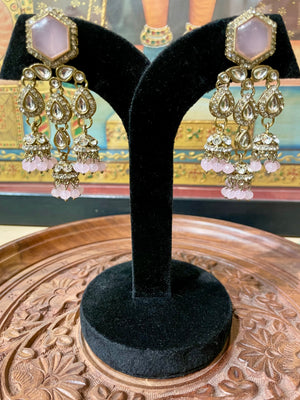 SOFT PINK MONALISA STONE KUNDAN MOISSANITE HERITAGE JHUMKI EARRINGS