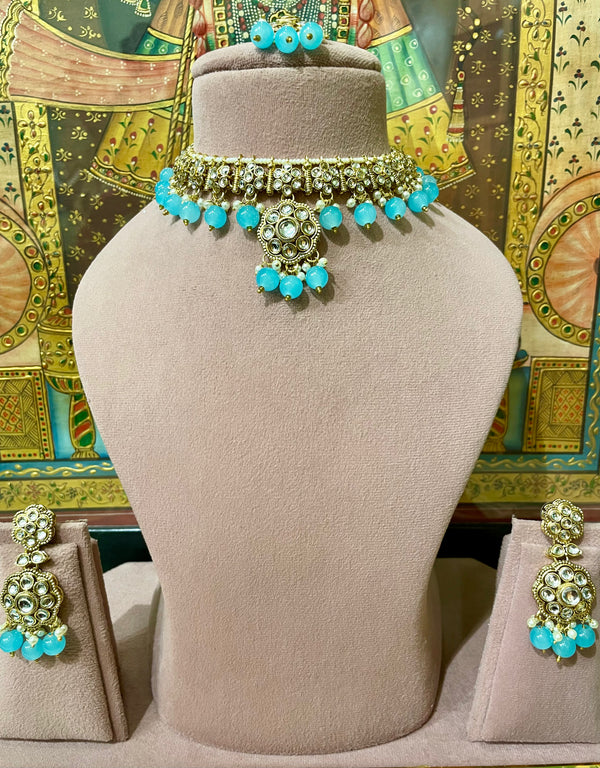 SKY BLUE GOLD PLATED KUNDAN PENDANT NECKLACE SET