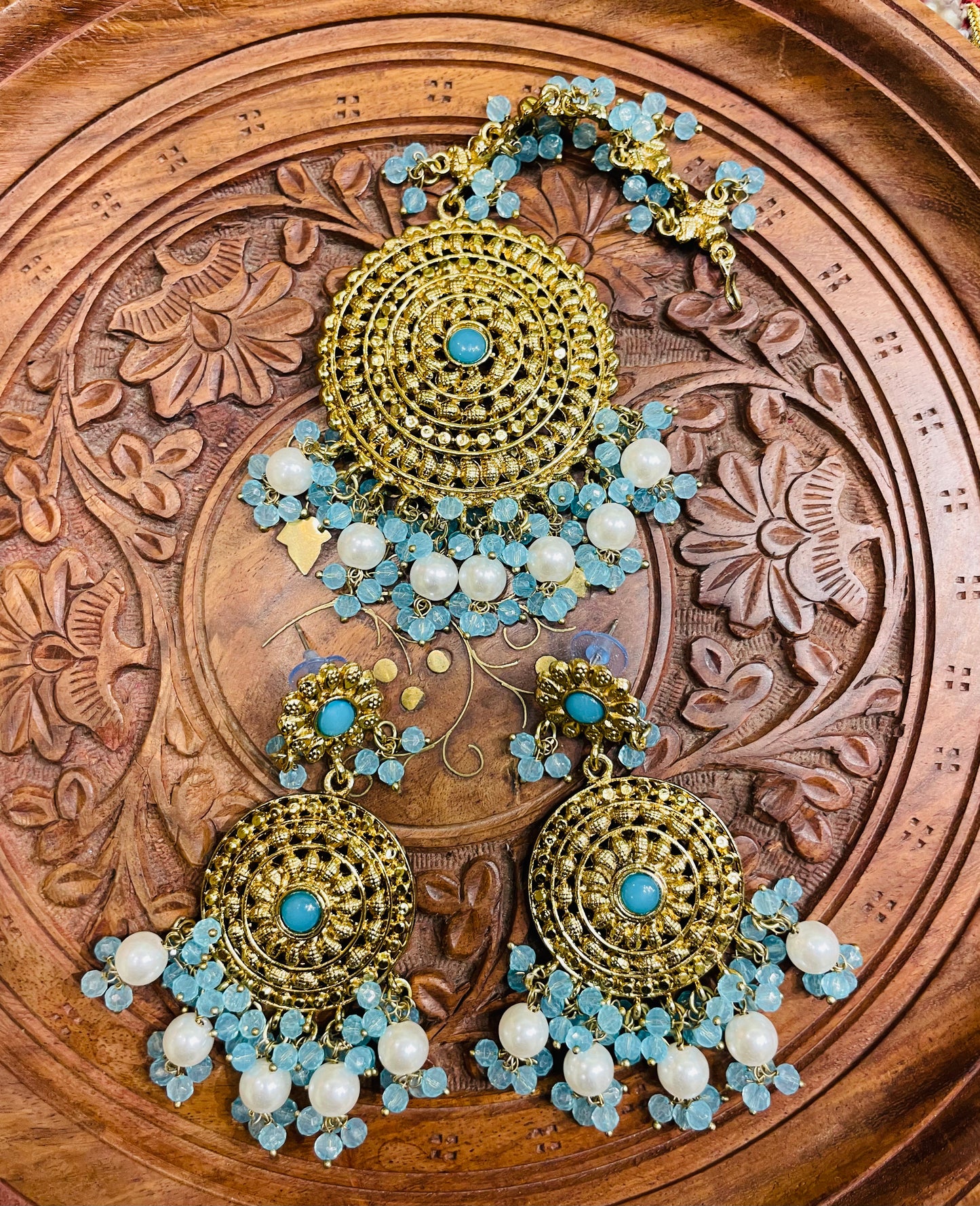 SKY BLUE RAJWADI ROUND EARRINGS & MAANG TIKKA