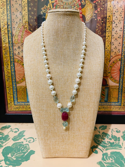 SHELL PEARLS WITH AQUAMARINE STONE SEMI PRECIOUS NECKLACE