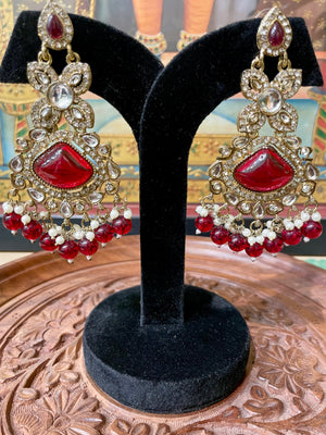 RUBY RED MONALISA STONE KUNDAN MOISSANITE DANGLER EARRINGS