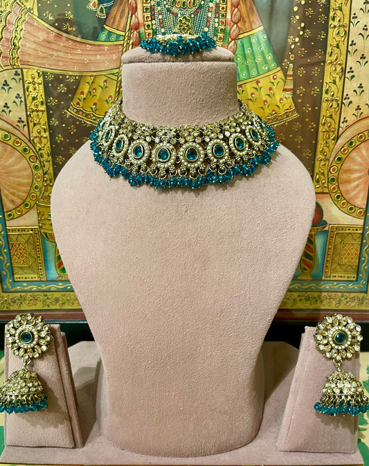 TEAL GREEN GOLD TONED NECKLACE SET