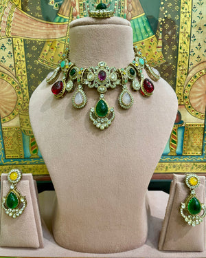 MULTICOLOUR NAVRATNA STYLE KUNDAN DESIGNER NECKLACE SET