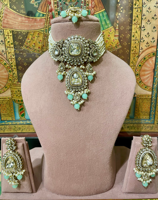 MINT GREEN KUNDAN PEARL CHOKER NECKLACE SET