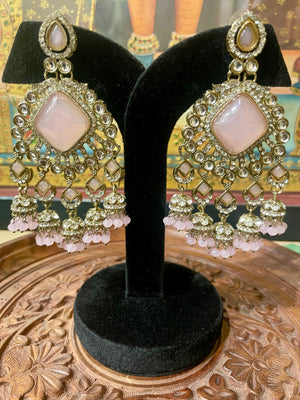 SOFT PINK KUNDAN MOISSANITE CHANDBALI  JHUMKI EARRINGS