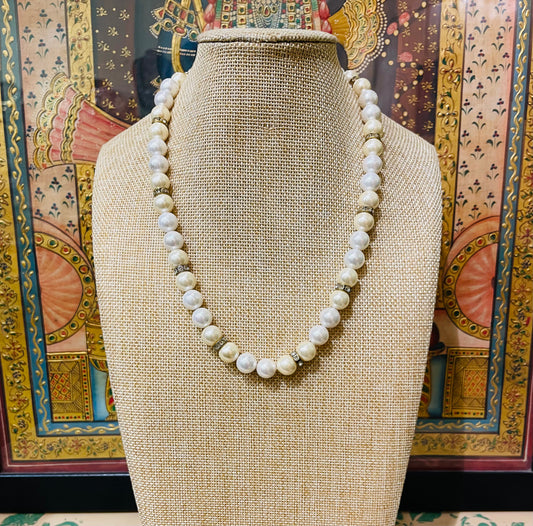 GOLDEN & IVORY PEARL SEMI PRECIOUS STRING AMERICAN DIAMOND (AD) NECKLACE