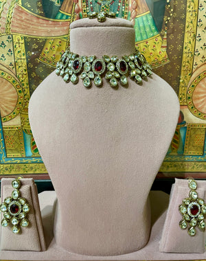RUBY RED KUNDAN MOISSANITE MONALISA NECKLACE SET