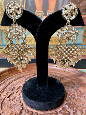 GOLDEN PEARL ETHNIC CHANDBALI DESIGNER DANGLER EARRINGS