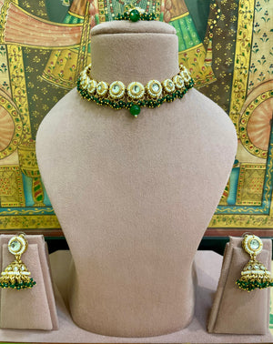 GREEN KUNDAN ROUND PEARL GOLD PLATED CHOKER SET