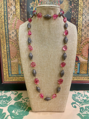 PINK TOURMALINE & ANTIQUE SILVER BEADS LONG NECKLACE