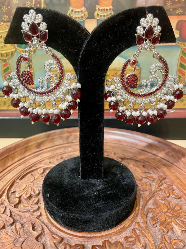 DARK MAROON SILVER TONED CHANDBALI DESIGNER EARRINGS