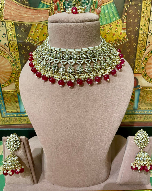 DARK PINK KUNDAN PEARL NECKLACE SET