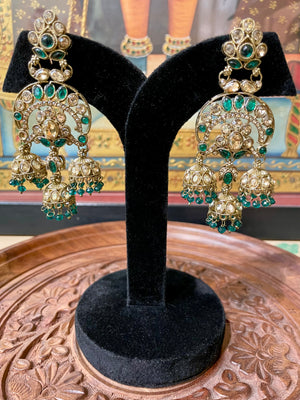 GREEN BRIDAL ETHNIC CHANDBALI JHUMKI EARRINGS