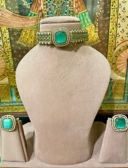 MINT GREEN MONALISA STONE AMERICAN DIAMOND (AD) CHOKER SET