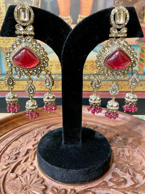 RUBY RED MONALISA STONE KUNDAN MOISSANITE JHUMKI EARRINGS