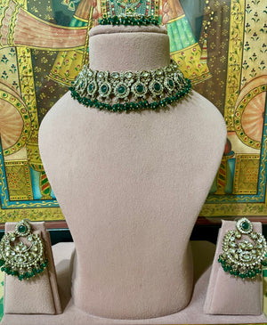 GREEN KUNDAN MOISSANITE MONALISA ETHNIC NECKLACE SET