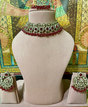RUBY RED KUNDAN MOISSANITE MONALISA ETHNIC NECKLACE SET