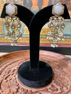 IVORY WHITE MONALISA STONE KUNDAN MOISSANITE HERITAGE JHUMKI EARRINGS