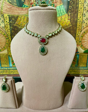 RUBY RED & GREEN KUNDAN MOISSANITE PENDANT NECKLACE SET