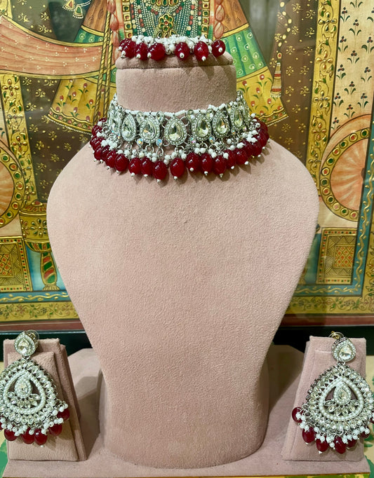 MAROON SILVER TONED DESIGNER CHOKER NECKLACE SET