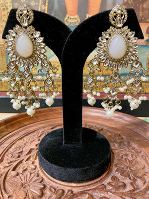 IVORY WHITE MONALISA STONE KUNDAN MOISSANITE DANGLER EARRINGS