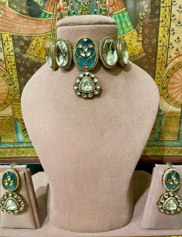 SKY BLUE MEENAKARI MONALISA STONE NIZAM KUNDAN CHOKER SET