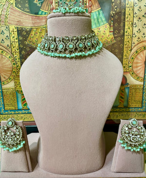 MINT GREEN KUNDAN MOISSANITE MONALISA ETHNIC NECKLACE SET