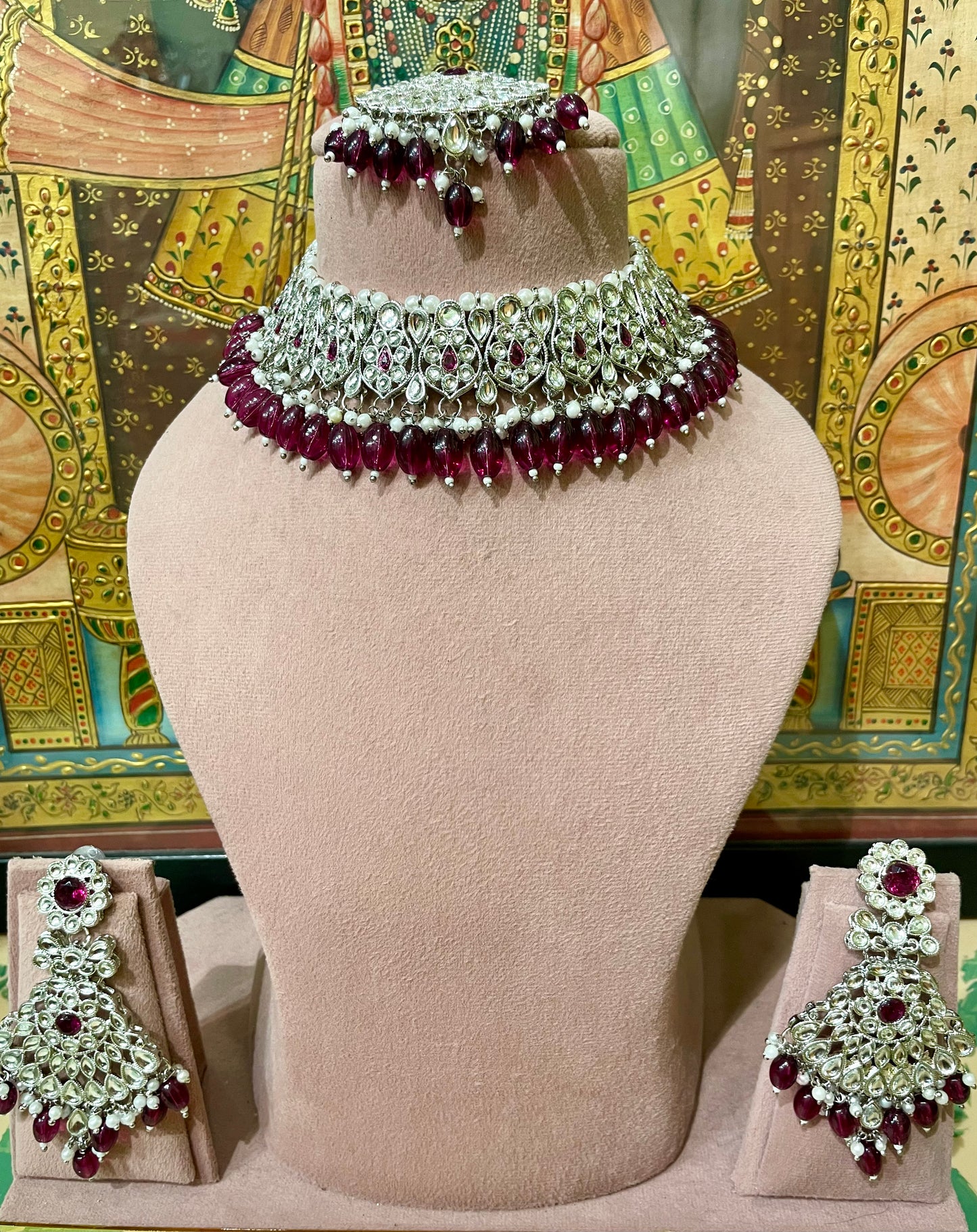 MAROON SILVER TONED CHOKER NECKLACE SET