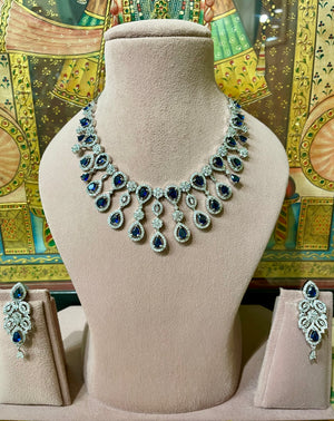 ROYAL BLUE SAPPHIRE TEARDROP AMERICAN DIAMOND (AD) NECKLACE SET