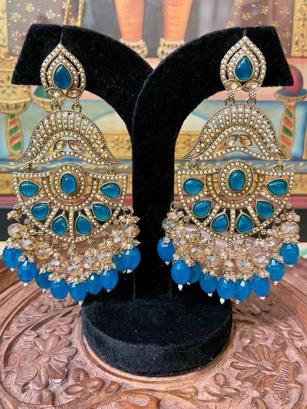 BLUE ETHNIC CHANDBALI DESIGNER EARRINGS