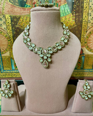 SOFT PINK KUNDAN MOISSANITE MONALISA NECKLACE SET
