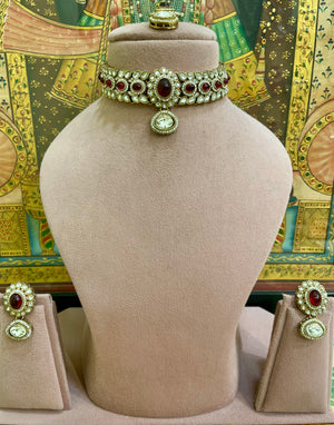 RUBY RED KUNDAN MOISSANITE NOOR CHOKER SET
