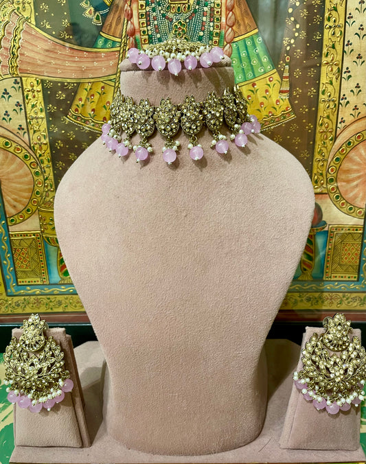 GOLD TONED LAVENDER PURPLE CHOKER NECKLACE SET