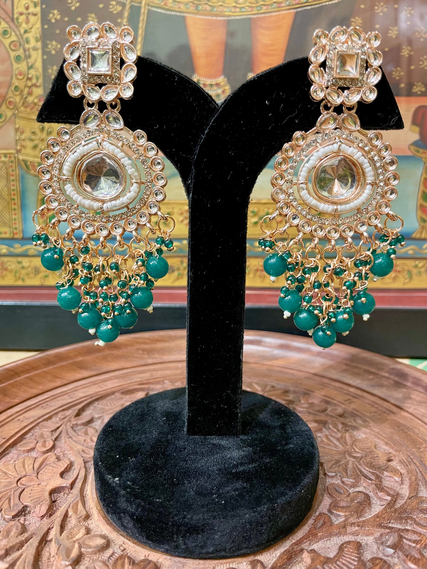 GREEN POLKI KUNDAN ETHNIC DANGLER EARRINGS