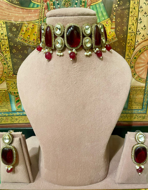 RED RUBY MONALISA STONES KUNDAN DESIGNER CHOKER SET