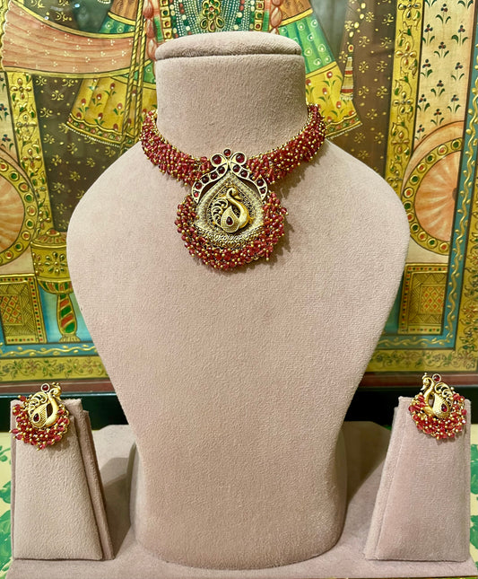 TRADITIONAL SOUTH INDIAN PEACOCK DESIGN JADAU RED NECKLACE SET